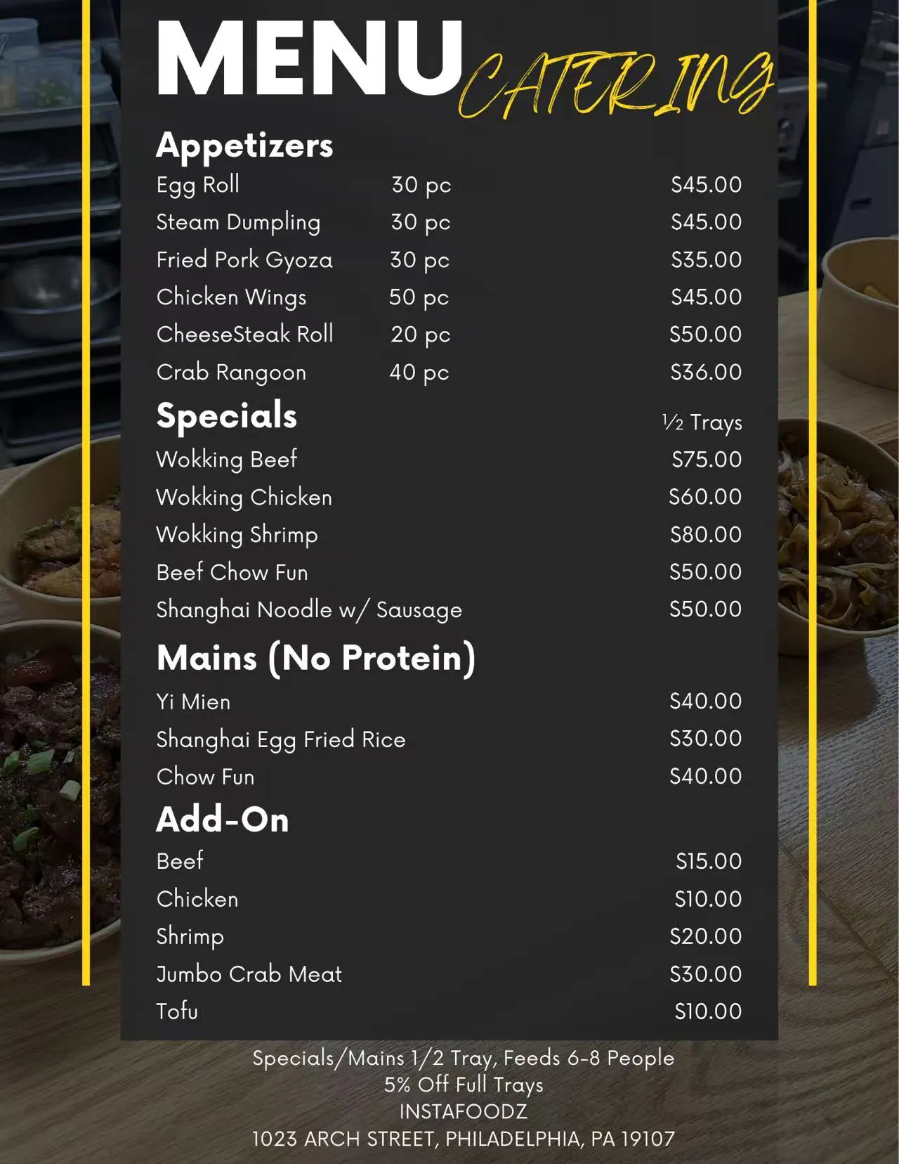 Wokbots Robot-Cooked Bulk Catering Menu - Appetizers, Mains & Add-Ons for 6-8 People (Philadelphia)